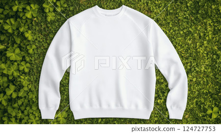 A plain white sweatshirt is neatly laid out on a vibrant green grass surface, surrounded by clover leaves under bright sunlight in a serene outdoor atmosphere 124727753