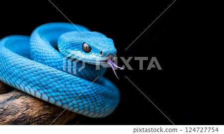 A vibrant blue snake displayed its tongue while coiled around a tree branch, showcasing its striking scales and poised demeanor in a lush environment A vibrant blue snake displayed its tongue while coiled around a tree branch, showcasing its striking scales and poised demeanor in a lush environment 124727754