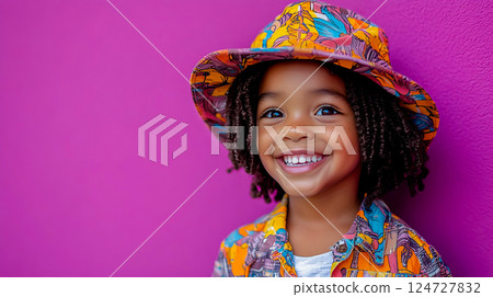 A smiling black child wearing a hat stands in a close-up against a bright background 124727832
