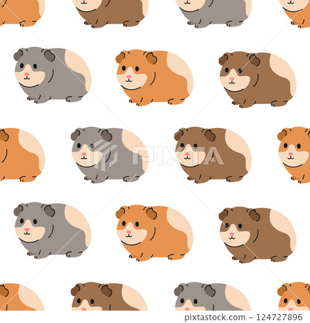 Seamless pattern with different colored guinea pigs on white background. Little rodents. Cute pets. Domestic animals in simple style. Vector flat illustration for wallpaper, textile, packaging Seamless pattern with different colored guinea pigs on white background. Little rodents. Cute pets. Domestic animals in simple style. Vector flat illustration for wallpaper, textile, packaging 124727896
