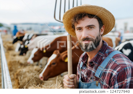 Farmer with Cows in Pasture 124727940