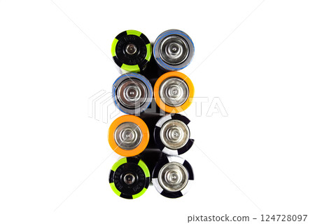 Salt and alkaline batteries, source of energy for portable technology. AAA and AA batteries Salt and alkaline batteries, source of energy for portable technology. AAA and AA batteries 124728097