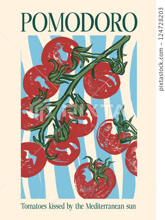 Vector poster with Mediterranean tomatoes and short phrase. Hand-drawn card isolated on white and blue background. Tasty food for design, print, fabric or background. 124728203
