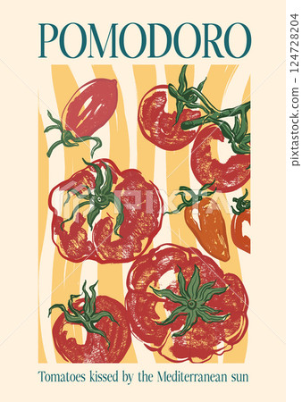 Vector poster with Mediterranean tomatoes with short phrase. Hand-drawn card isolated on white and yellow background. Tasty food for design, print, fabric or background. Vector poster with Mediterranean tomatoes with short phrase. Hand-drawn card isolated on white and yellow background. Tasty food for design, print, fabric or background. 124728204