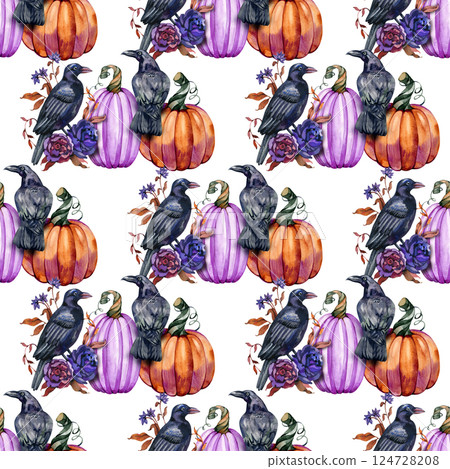 Watercolor pumpkins, flowers, ravens, crow. Autumn background Fall Halloween seamless pattern 124728208