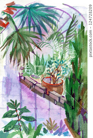 Orangery, glass house, green house interior. Watercolor sketch illustration. Orangery, glass house, green house interior. Watercolor sketch illustration. 124728209