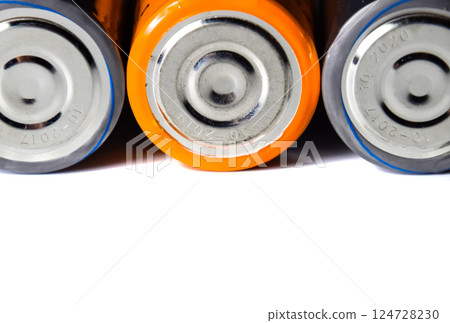 Salt and alkaline batteries, source of energy for portable technology. AAA and AA batteries 124728230