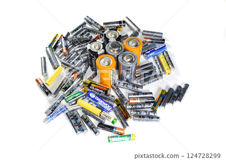Salt and alkaline batteries, a source of energy for portable technology. AAA and AA batteries 124728299