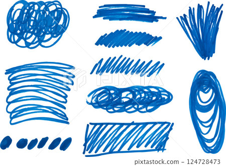 Collection of various blue marker strokes and scribbles on isolated background. 124728473