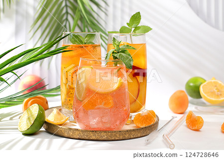 Summer party and healthy lifestyle advertising banner, diet vegan cocktail with chia seeds, lime, lemon, mint and apricots. Detox diet and weight loss concept, Menu for cafe and restaurant. Summer party and healthy lifestyle advertising banner, diet vegan cocktail with chia seeds, lime, lemon, mint and apricots. Detox diet and weight loss concept, Menu for cafe and restaurant. 124728646