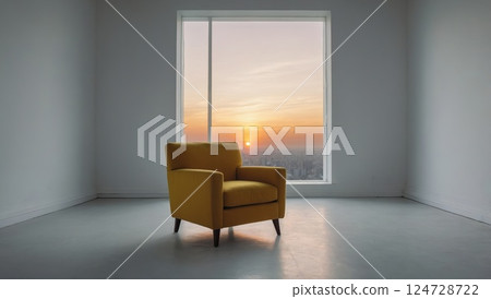 Minimalist Room Featuring a Yellow Armchair and Stunning Cityscape Sunset View 124728722