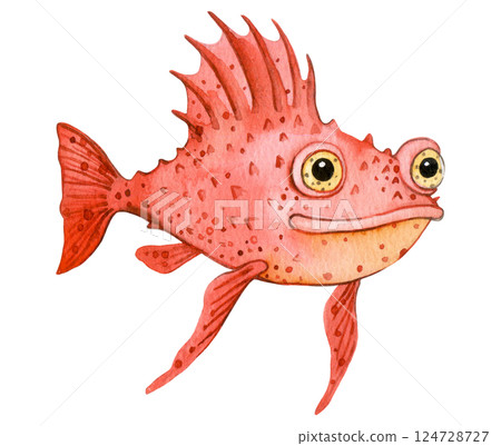 cute character tropical fish scorpionfish. watercolor illustration for kids, underwater life cute character tropical fish scorpionfish. watercolor illustration for kids, underwater life 124728727
