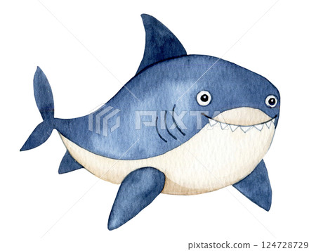 cute shark character. watercolor illustration for kids, underwater life 124728729