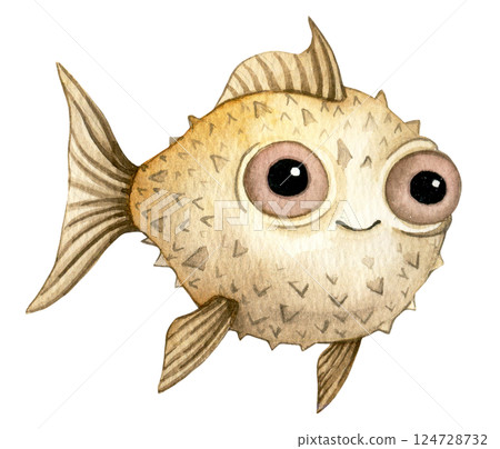 cute character tropical blowfish. watercolor illustration for kids, underwater life cute character tropical blowfish. watercolor illustration for kids, underwater life 124728732