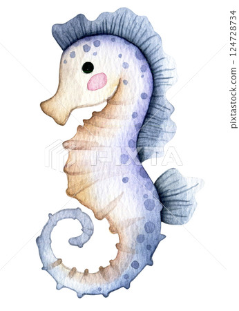 cute seahorse character. watercolor illustration for kids, underwater life cute seahorse character. watercolor illustration for kids, underwater life 124728734