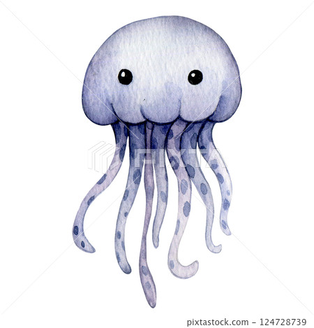cute jellyfish character. watercolor illustration for kids, underwater life 124728739
