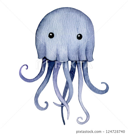 cute jellyfish character. watercolor illustration for kids, underwater life cute jellyfish character. watercolor illustration for kids, underwater life 124728740