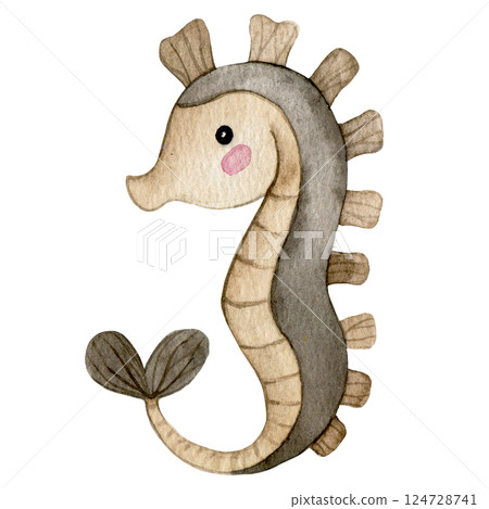 cute seahorse character. watercolor illustration for kids, underwater life cute seahorse character. watercolor illustration for kids, underwater life 124728741