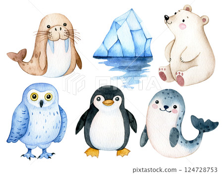 Set with cute characters, polar animals. Watercolor illustration for children. 124728753