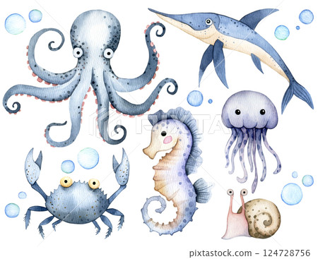 Adorable Underwater Watercolor Illustration of Sea Creatures Adorable Underwater Watercolor Illustration of Sea Creatures 124728756