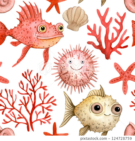 Cute Underwater World Watercolor seamless pattern Fish and Marine Life print for children 124728759