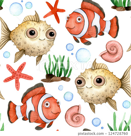 Cute Underwater World Watercolor seamless pattern Fish and Marine Life print for children 124728760
