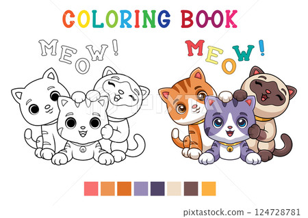 three cute cartoon kittens of different types playing together in coloring book style three cute cartoon kittens of different types playing together in coloring book style 124728781