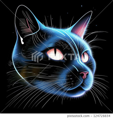 Black cat in the dark. Beautiful face of a black cat with cat-like vertical pupils on a black background. AI generated. 124728834