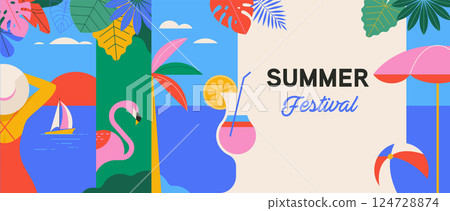 Colorful Geometric Summer Festival and Travel Background, poster, banner. Summer time fun concept Colorful Geometric Summer Festival and Travel Background, poster, banner. Summer time fun concept 124728874