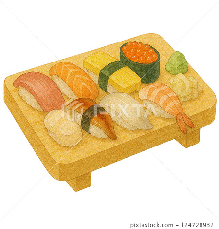 各種壽司（日本料理、海鮮、握壽司）的水彩風格插圖 124728932