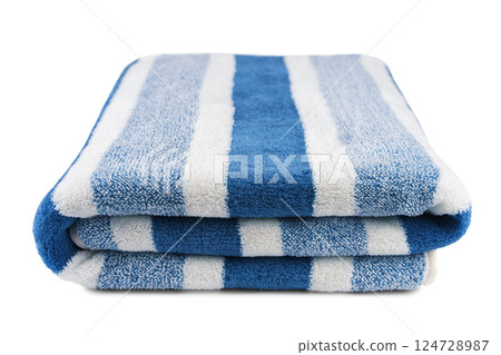 Carefully folded soft striped bath blue towel isolated on white background 124728987