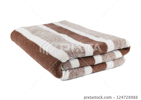 Carefully folded soft striped bath brown towel isolated on white background 124728988