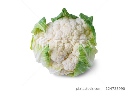 Whole head of organinc fresh raw cauliflower with green leaves isolated on white background 124728990