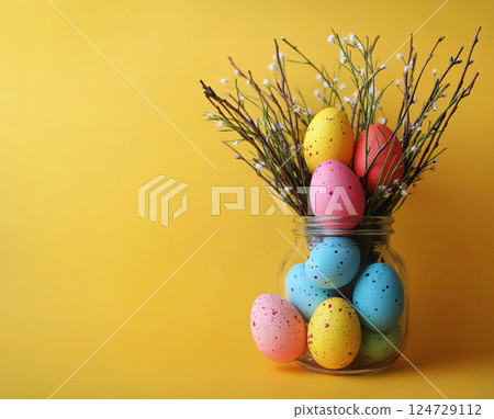 Easter concept, willow branches glass vase, Easter colorful eggs on plain background copy space for text, bright, minimalist, yellow blue pastel colors, Holidays, spring concept. Greeting card banner 124729112