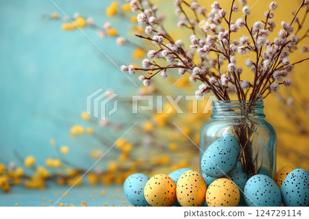 Easter concept, willow branches glass vase, Easter colorful eggs on plain background copy space for text, bright, minimalist, yellow blue pastel colors, Holidays, spring concept. Greeting card banner 124729114