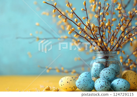 Easter concept, willow branches glass vase, Easter colorful eggs on plain background copy space for text, bright, minimalist, yellow blue pastel colors, Holidays, spring concept. Greeting card banner 124729115