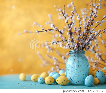 Easter concept, willow branches glass vase, Easter colorful eggs on plain background copy space for text, bright, minimalist, yellow blue pastel colors, Holidays, spring concept. Greeting card banner Easter concept, willow branches glass vase, Easter colorful eggs on plain background copy space for text, bright, minimalist, yellow blue pastel colors, Holidays, spring concept. Greeting card banner 124729117