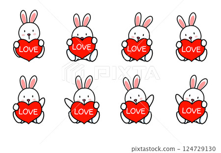A set of eight hand-drawn illustrations of a cute little rabbit holding up a red heart symbol with the word Love written on it in both hands A set of eight hand-drawn illustrations of a cute little rabbit holding up a red heart symbol with the word Love written on it in both hands 124729130