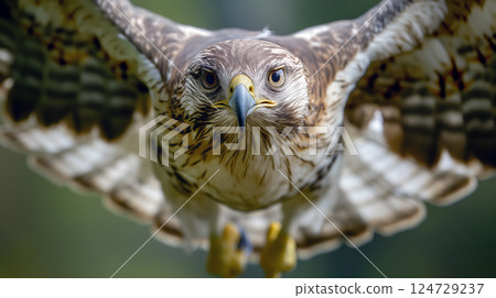 Majestic hawk in mid-flight showcasing powerful wings and keen gaze against a blurred natural background 124729237