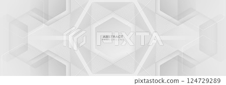 Grey white abstract background. Geometric design elements. Modern shapes graphic. Futuristic technology concept. Suit for banner, cover, header, corporate, website, presentation, wallpaper Grey white abstract background. Geometric design elements. Modern shapes graphic. Futuristic technology concept. Suit for banner, cover, header, corporate, website, presentation, wallpaper 124729289