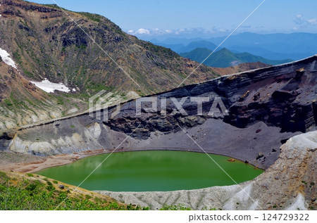 Zoom of Okama crater in Zao. Today the crater lake is green. Zoom of Okama crater in Zao. Today the crater lake is green. 124729322