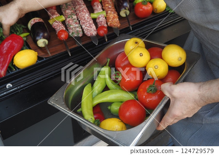 Delicious Fresh Vegetables and Colorful Skewers Are Perfectly Prepared for Grilling Delicious Fresh Vegetables and Colorful Skewers Are Perfectly Prepared for Grilling 124729579