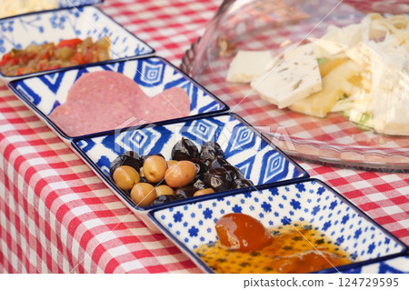 Distinctive, beautifully presented appetizers in decorative bowls on a checkered tablecloth 124729595