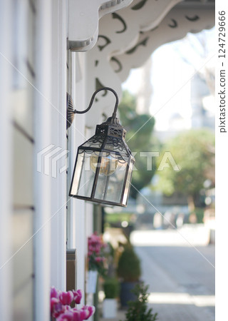 Elegant street lamp illuminating a charming walkway in the city Elegant street lamp illuminating a charming walkway in the city 124729666