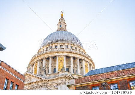 This iconic structure features a stunning dome with intricate architectural details, surrounded by historical buildings in the heart of London, capturing the essence of British heritage. 124729729