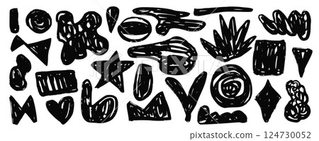 Hand drawn textured set of black vector abstract organic geometric and freehand shapes. Ink drawing grunge free forms, brush strokes, organic blobs for pattern design, greeting cards, stickers 124730052