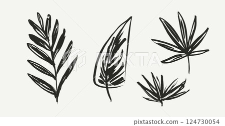 Artistic set of grunge textured vector dark green ink hand dawning tropical leaves, fern, palm leaf. Sketch paintbrush botanical elements for textile pattern design, greeting card, logo Artistic set of grunge textured vector dark green ink hand dawning tropical leaves, fern, palm leaf. Sketch paintbrush botanical elements for textile pattern design, greeting card, logo 124730054