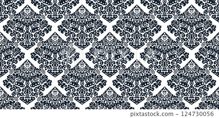 Artistic textured vector black and white hand drawn rhombus seamless pattern with psychedelic Aztec motif. Grunge decorative African tribal ornament for textile design, wrapping paper, surface Artistic textured vector black and white hand drawn rhombus seamless pattern with psychedelic Aztec motif. Grunge decorative African tribal ornament for textile design, wrapping paper, surface 124730056