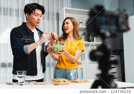 Cooking show in chef making mixed salad with good taste camera record. Infobahn. Cooking show in chef making mixed salad with good taste camera record. Infobahn. 124730216