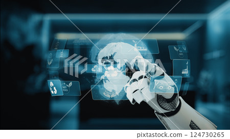 Futuristic Robot Hand Interacting with Digital Eco-Friendly Icons Representing Sustainability and Technology Integration in Modern Society. Auvana 124730265